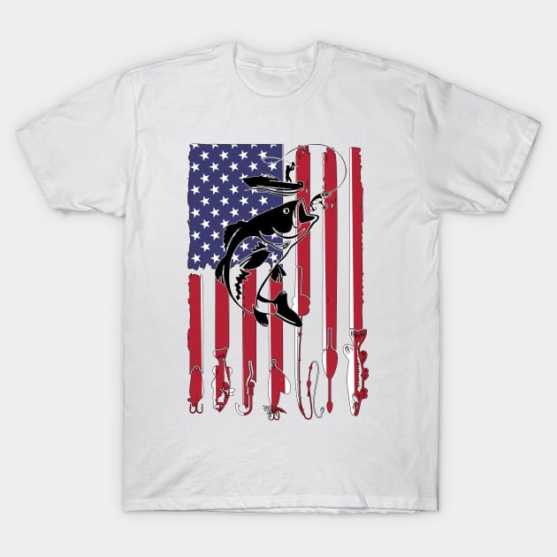 American Flag Fishing Angler Rod Pole Lure Fish USA Vintage T-Shirt by The Dirty Gringo